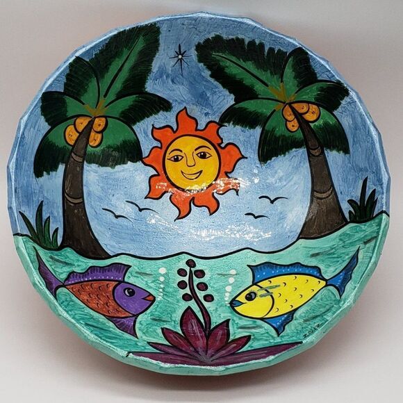 Mexican Hand Painted Folk Art Storyteller Sun, Trees & Fish 3 Footed Bowl - 2012 - Picture 1 of 10
